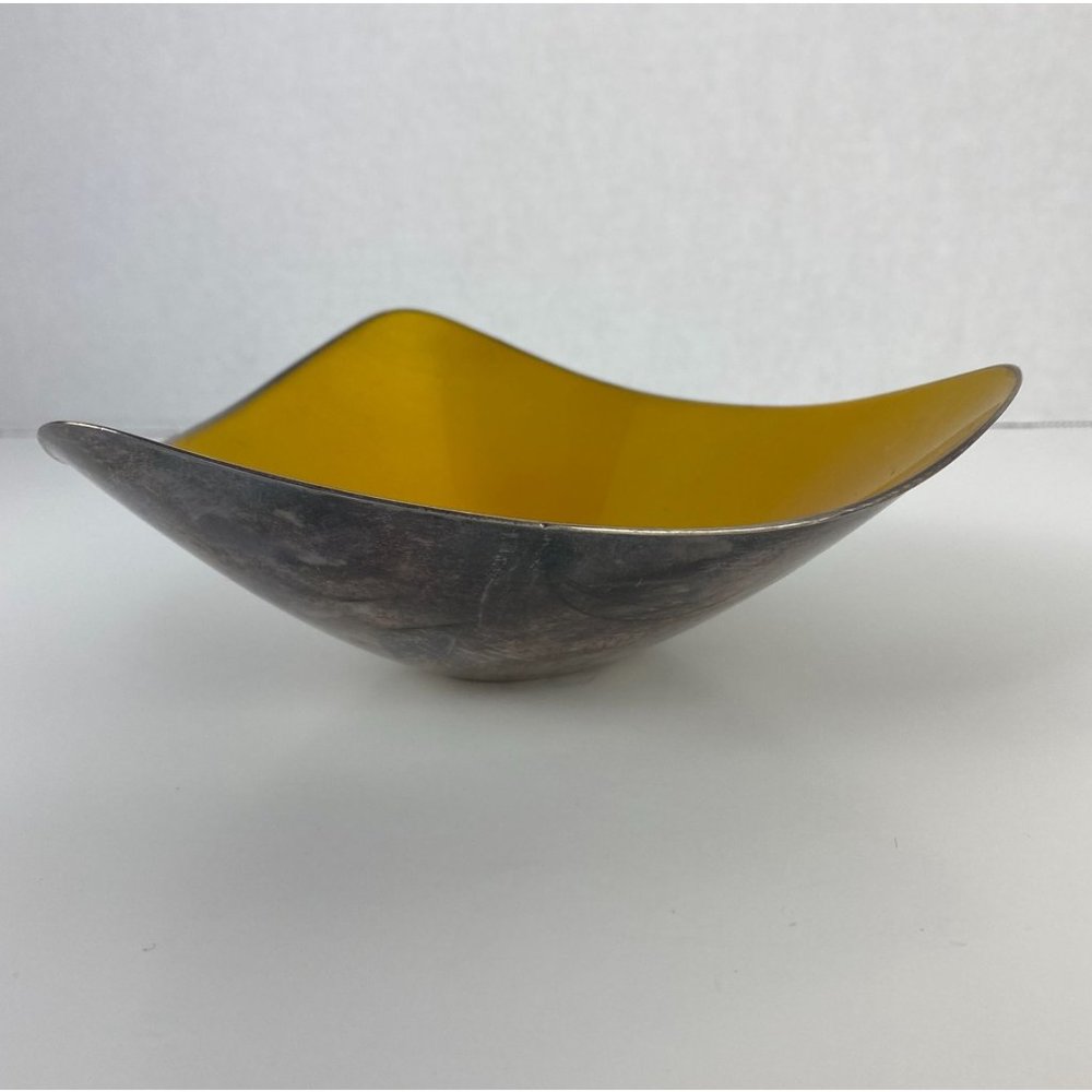 Vintage MCM Reed & Barton 6" Silver Plated Yellow Enamel Candy Bowl Nut Dish 241